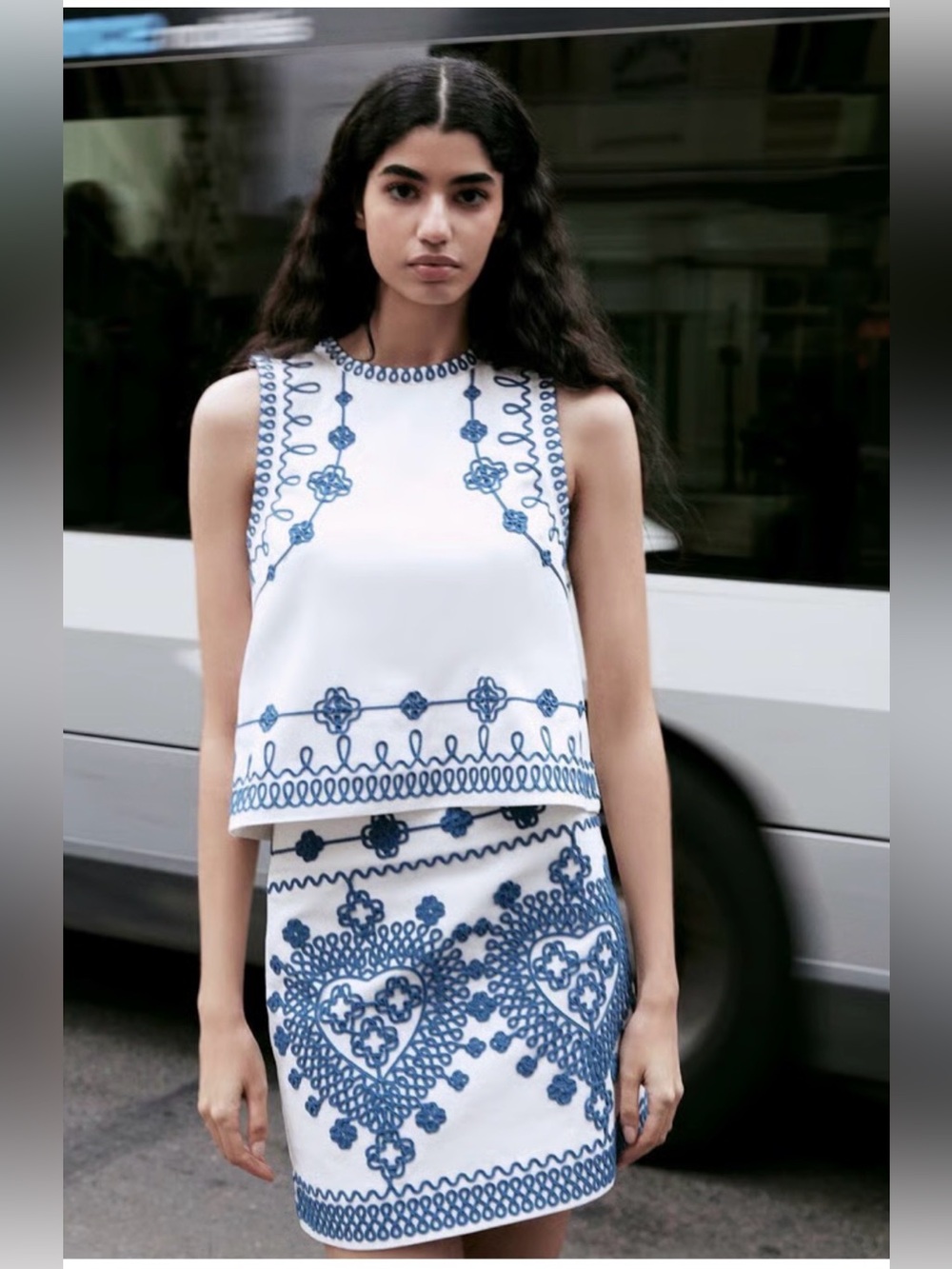 Maje White Sleeveless Top Size 1 and Skirt size 36 Set with Blue Embroidery
